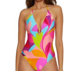 Trina Turk Lilleth  One Piece Plunge Tropical Print Swimsuit NWT $172